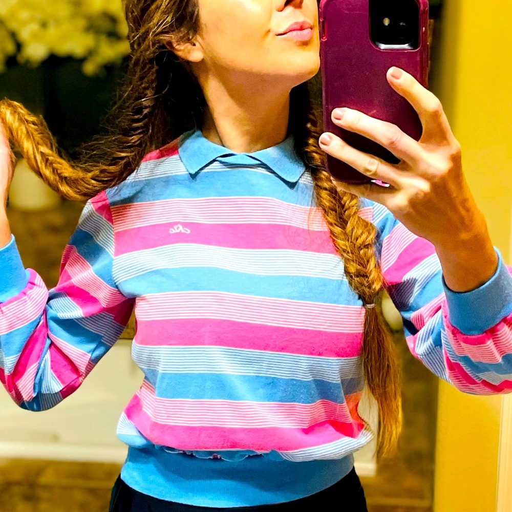 Vintage 70s Barbie Ken Chic by his pink/blue long sleeve collar tee top S-M